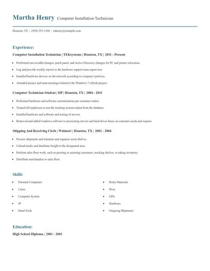 Computer Installation Technician Resume