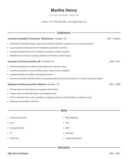 Computer Installation Technician Resume