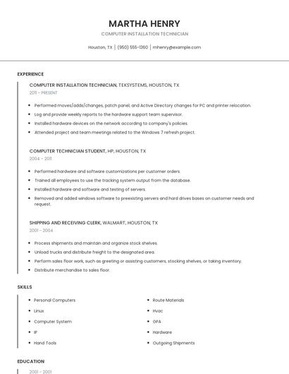Computer Installation Technician Resume