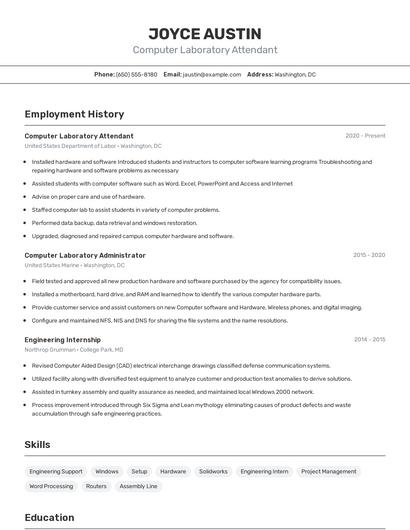 Computer Laboratory Attendant Resume