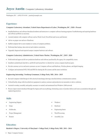 Computer Laboratory Attendant Resume