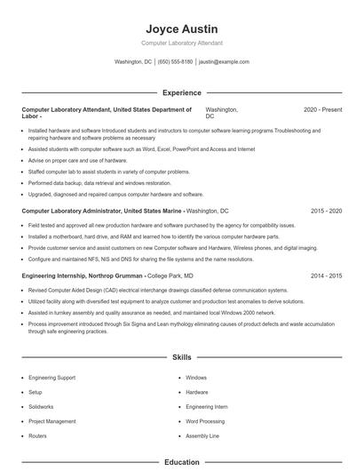 Computer Laboratory Attendant Resume