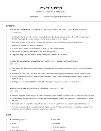 Computer Laboratory Attendant Resume
