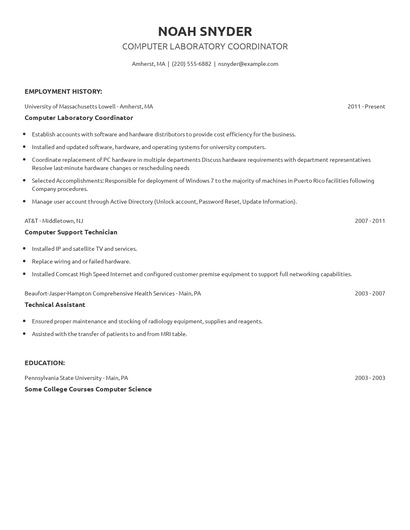 Computer Laboratory Coordinator Resume