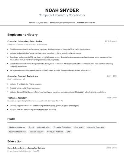 Computer Laboratory Coordinator Resume