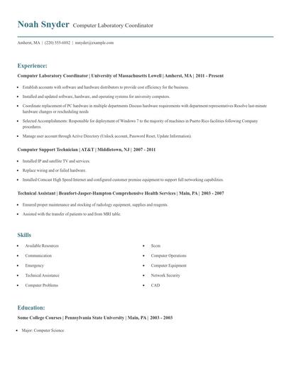 Computer Laboratory Coordinator Resume