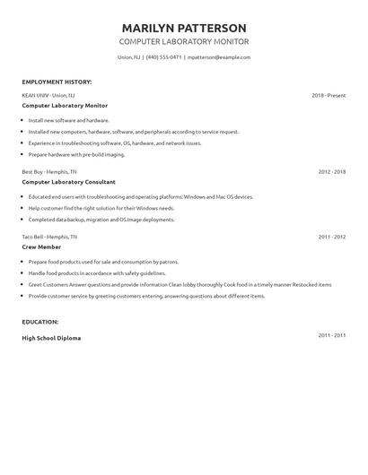 Computer Laboratory Monitor Resume
