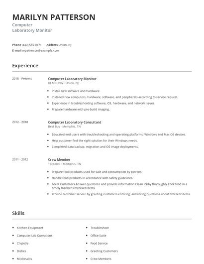 Computer Laboratory Monitor Resume