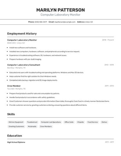 Computer Laboratory Monitor Resume