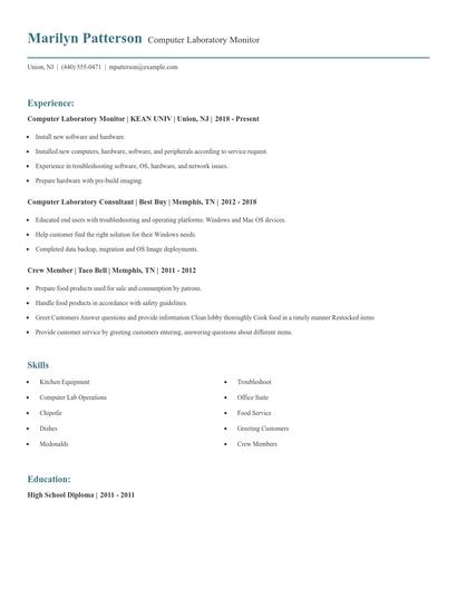 Computer Laboratory Monitor Resume