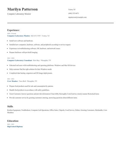 Computer Laboratory Monitor Resume