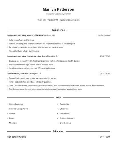 Computer Laboratory Monitor Resume