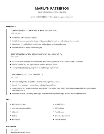 Computer Laboratory Monitor Resume