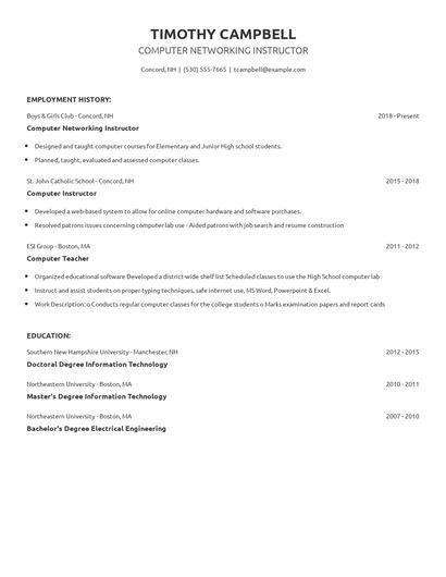 Computer Networking Instructor Resume