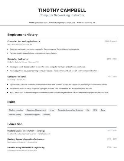 Computer Networking Instructor Resume