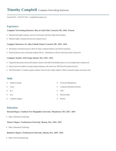 Computer Networking Instructor Resume