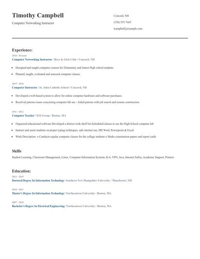 Computer Networking Instructor Resume