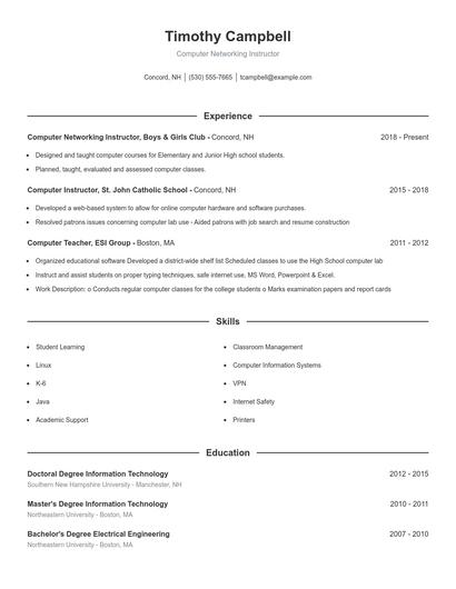 Computer Networking Instructor Resume