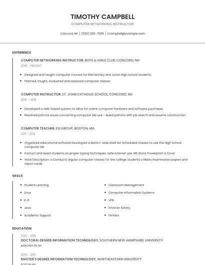 Computer Networking Instructor Resume