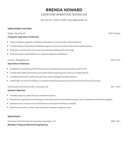 Computer Operation Technician Resume