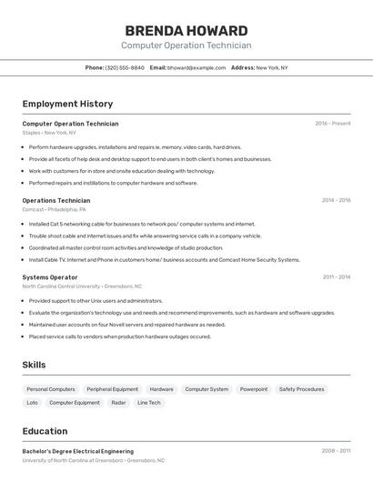Computer Operation Technician Resume