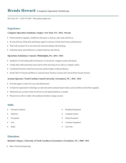 Computer Operation Technician Resume