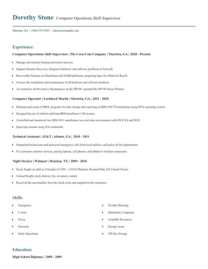 Computer Operations Shift Supervisor Resume