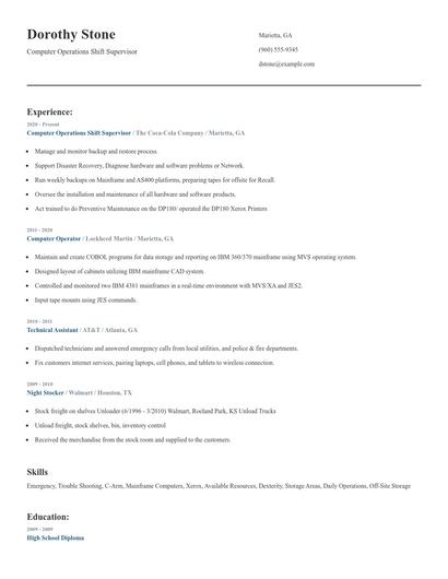 Computer Operations Shift Supervisor Resume
