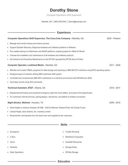 Computer Operations Shift Supervisor Resume