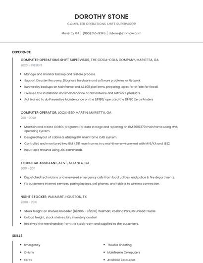 Computer Operations Shift Supervisor Resume