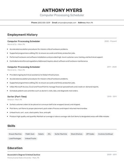 Computer Processing Scheduler Resume
