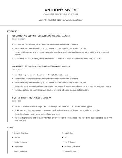 Computer Processing Scheduler Resume