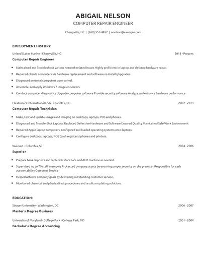 Computer Repair Engineer Resume