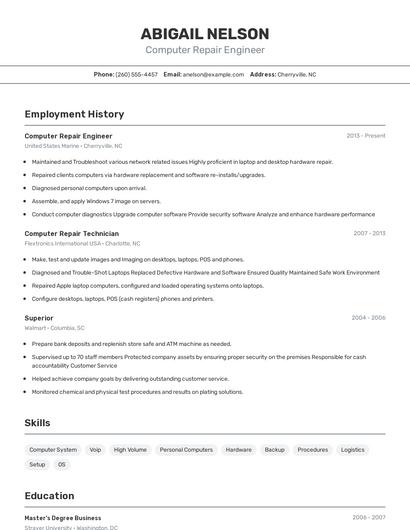 Computer Repair Engineer Resume