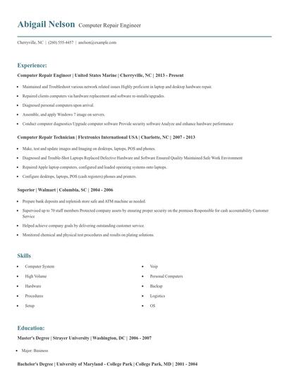 Computer Repair Engineer Resume
