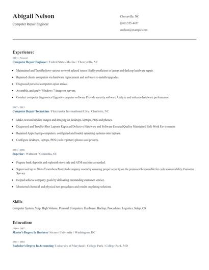 Computer Repair Engineer Resume