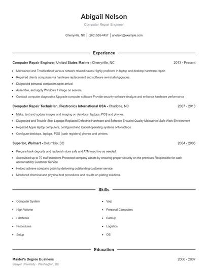 Computer Repair Engineer Resume