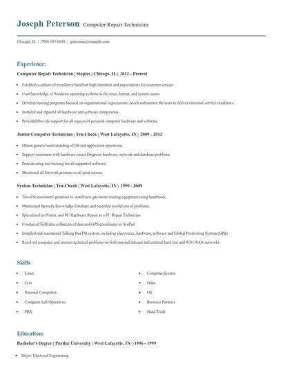Computer Repair Technician Resume
