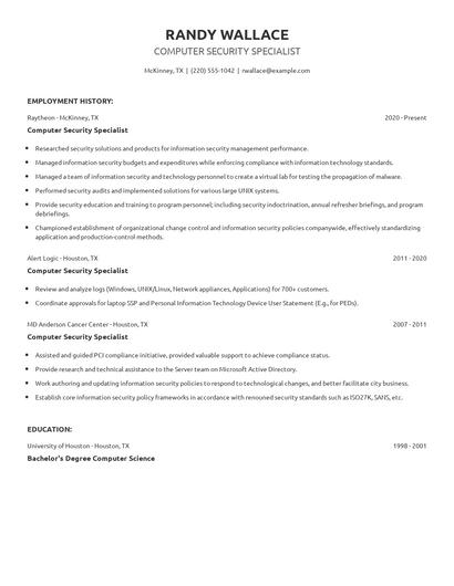 Computer Security Specialist Resume