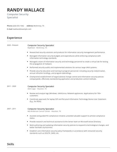 Computer Security Specialist Resume