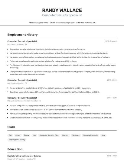 Computer Security Specialist Resume