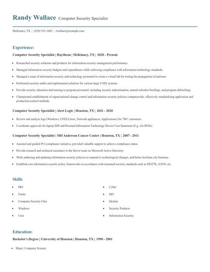Computer Security Specialist Resume