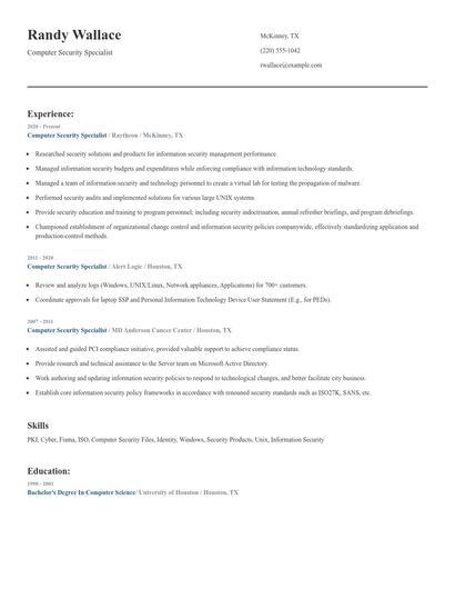 Computer Security Specialist Resume