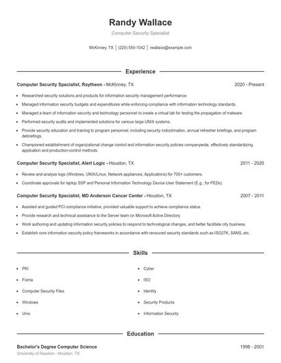 Computer Security Specialist Resume