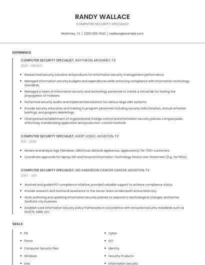Computer Security Specialist Resume