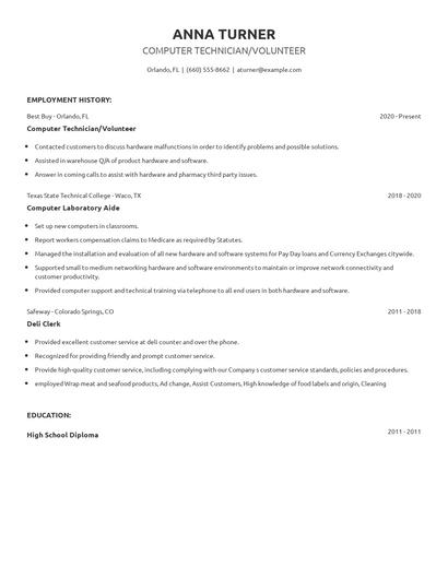 Computer Technician/Volunteer Resume