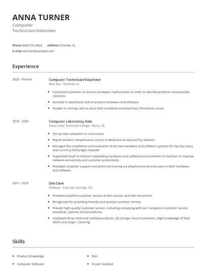 Computer Technician/Volunteer Resume