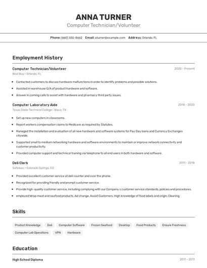 Computer Technician/Volunteer Resume
