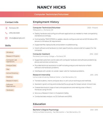 Computer Technician/Volunteer Resume