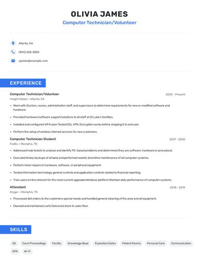 Computer Technician/Volunteer Resume